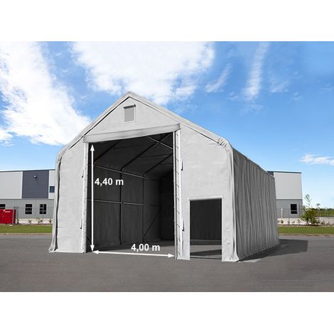 Zelthalle 8x12 m mit 4x4,4 m Tor, PRIMEtex 2300 PVC Plane, feuersicher grau  mit Statik (Betonuntergrund)