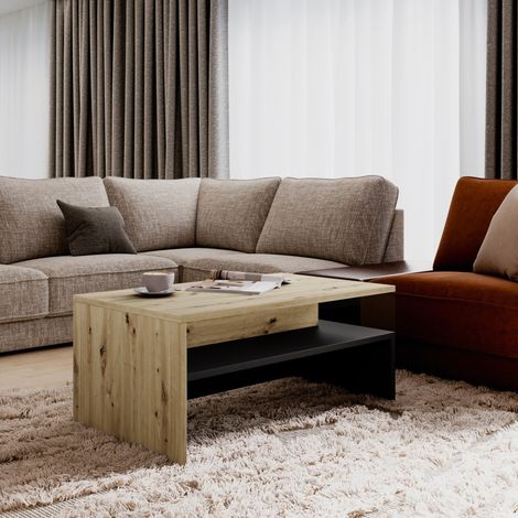 Couchtisch RAMOS – Design in Eiche und supermattem Schwarz – Tischplatte mit integriertem Stauraum – 100x60 cm