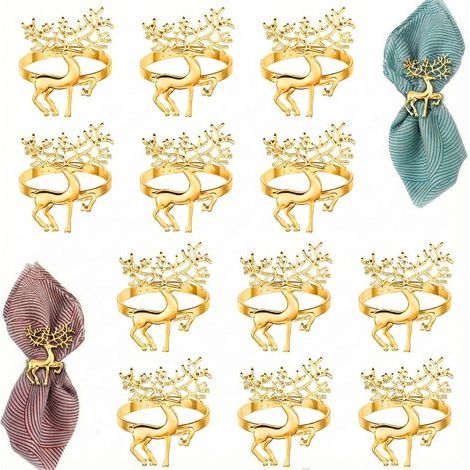 12 Pièces Rond de Serviette Noel,6 Pièces Renne Rond de Serviette Noel, pour Noel Decoration Table, Fête, Mariage, Thanksgiving (Doré) (1/5)