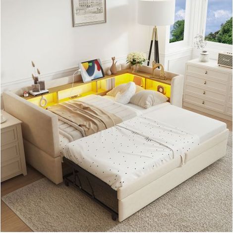 Lit gigogne - SOGEU - 90/180x190 cm - Velours beige - Tête de lit avec étagères, LED et prises - Sommier inclus (1/5)