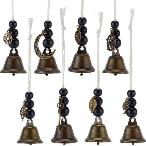 Lot de 8 cloches en fer pour poignée de porte - 8 styles - Cloches en bronze antique avec perles en bois - Décoration (1/5)