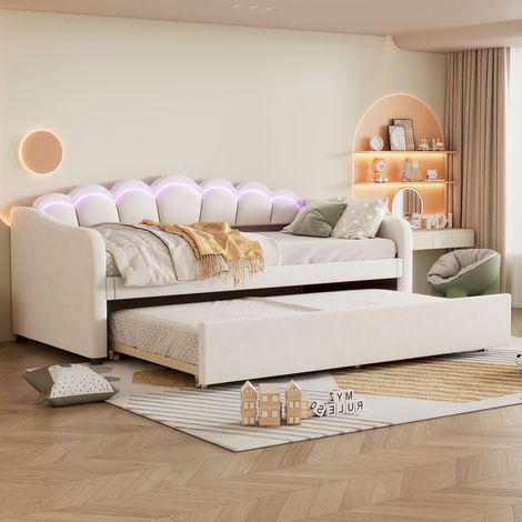 Lit gigogne banquette 90x200 cm beige en velours, couchage 90x190 coulissant, LED multicolore avec télécommande, sommier 12 lattes inclus, sans matelas (1/5)
