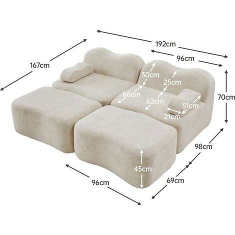 Canapé d’angle modulable 2 places en L – 2 poufs, sans armature, mousse 32D, antidérapant, dimensions 192 x 167 x 70 cm, beige – Douceur et modularité (1/5)