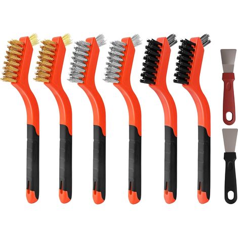 Lot de 8 brosses métalliques – Poils en nylon/laiton/acier inoxydable avec poignée incurvée pour nettoyer la rouille, la saleté et la peinture avec nettoyage en profondeur – 17,8 cm (rouge) (1/5)