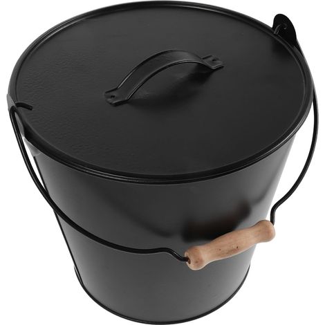 Seau à Cendres et Poignée Bois en Métal Noir avec Couvercle Collecte de Cendres, Usage Intérieur, Design Sécurisé, Style Chic et Pratique (1/5)