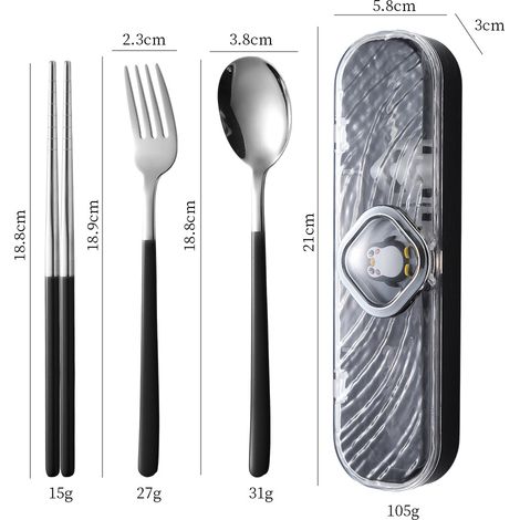 Ensemble de 3 pièces (baguettes, cuillère et fourchette) en acier inoxydable 304 (noir et argent)