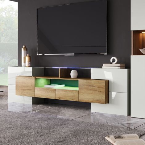 Meuble TV design moderne, blanc laqué brillant, 200 cm, avec éclairage LED intégré. Meuble bas de salon élégant, plateau en verre haut de gamme, rangement pratique. (1/5)
