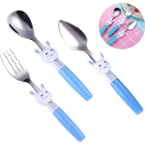 Set 3 Couverts Enfant Acier Inox, Fourchette Sécurisée, Cuillère Soupe, Ustensiles Tout-Petit