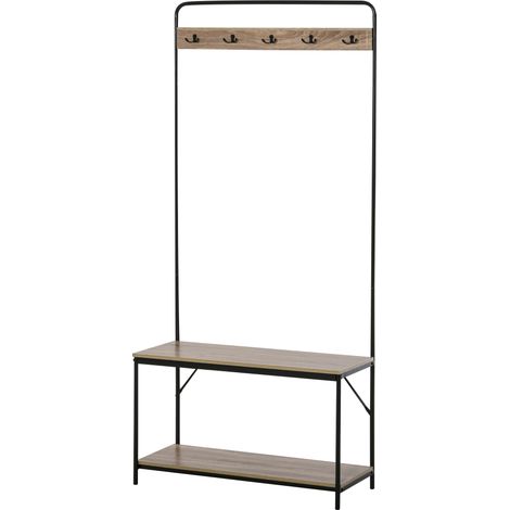 HOMCOM Vestiaire d'entrée banc porte-manteaux avec étagère à chaussures style industriel 80L x 30l x 170H cm imitation chêne clair métal noir (1/5)