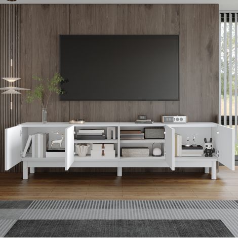 Mueble para TV de MDF y tablero de partículas blanco 169x34x45,5 cm con 4 puertas y estantes (1/5)