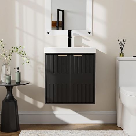UEV Meuble de Salle de Bain Suspendu avec Vasque - Armoire sous-Lavabo 2 Portes Finition Bois - Gain de Place & Entretien Facile, Idéal pour Petites Salles de Bain et WC 50 x 38 x 55 cm, Noir