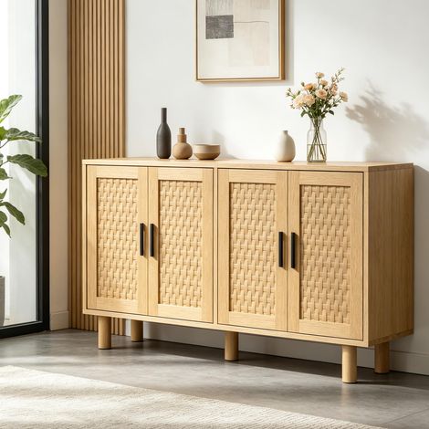Buffet en bois – Buffet en rotin – Large panneau en rotin – Très grand espace de rangement – Style moderne – Couleur chêne (1/5)