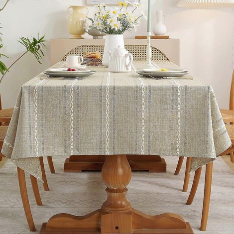 Nappe rustique pour tables rectangulaires, nappe en lin et coton brodée à ourlet ajouré pour cuisine, salle à manger, fête, Noël (Café clair, 137 cm) (1/5)