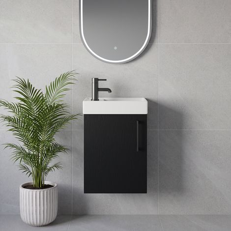 Napoli Cube Nero Oak 400mm Wall Mounted Single Door Vanity Unit with Align Basin - 400mm - Gunmetal Grey 160mm Handle