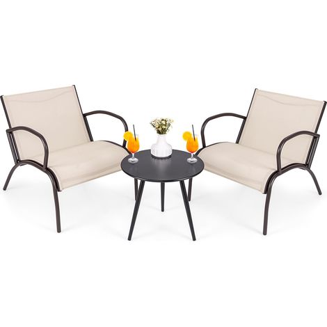 COSTWAY Set Tavolino e Poltrona a 3 Pezzi, Tavolino e Poltrone da Giardino con Seduta Curvata in Tessuto, Set di Mobili Esterno da Bistro, per Giardino Balcone Piscina (1/5)