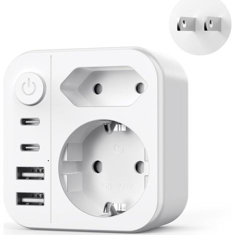 6 en 1 Adaptateur Prise Japon, 2500W Adaptateur de Voyage Japon avec 2 USB C et 2 USB A,Connecteur Schuko vers Type A pour USA, Chine,Canada,Thaïlande (1/5)