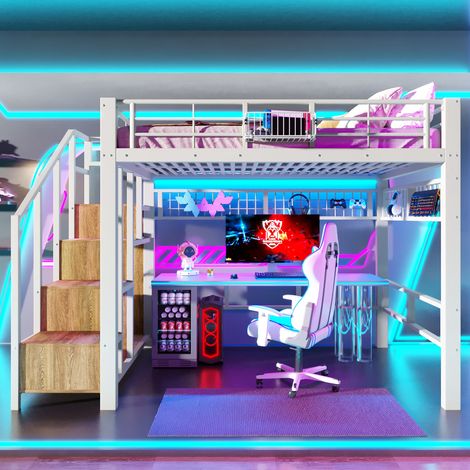 Lit mezzanine 140x200 cm avec LED, échelle de rangement, grille de suspension, structure métallique, blanc