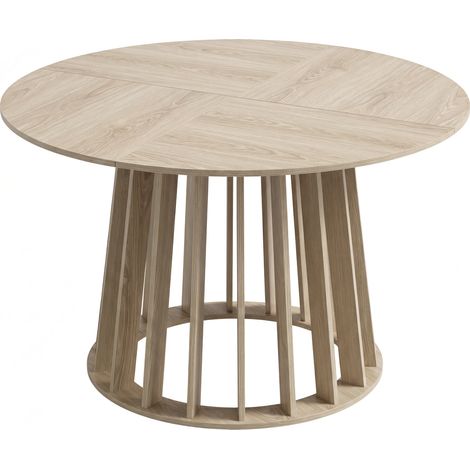 Table ronde bois massif 4-6 couverts, Ø 120 x 75 cm, table salle à manger cuisine avec piètement à lattes robuste, teinte naturelle (1/5)