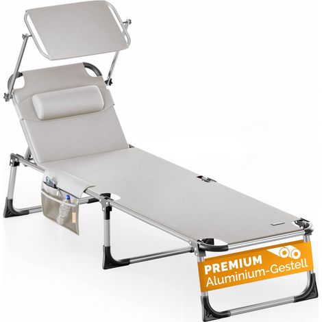 CASARIA® Sonnenliege Klappbar Aluminium Gartenliege mit Dach Kopfkissen Seitentasche 180kg Belastbar Leicht Liegestuhl creme