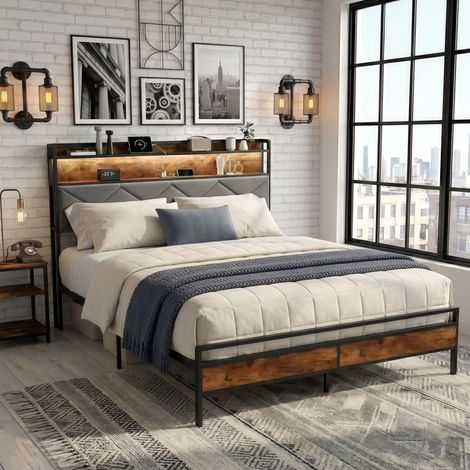 Letto matrimoniale 140x200 cm con testiera a LED e porte USB - Struttura in metallo e legno di noce, rete a doghe, letto per ragazzi
