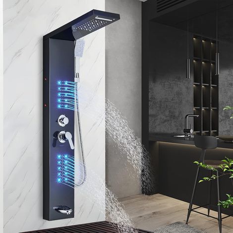 Colonne de Douche Noir Hydromassante Led, 4 Fonctions: Douche de pluie à Led, 2 Jets de Massage, Douchette et Bec Bain déverseur Noir