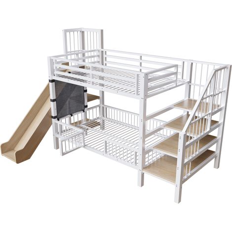 Lit mezzanine enfant en métal blanc 90 x 200 cm avec toboggan, escalier de rangement et étagères (1/5)