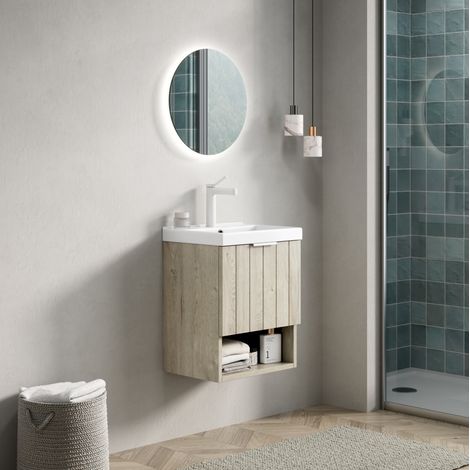 Meuble lave-mains suspendu en céramique et multiplis blanc cassé/blanc 42 cm avec portes et étagère ouverte (1/5)