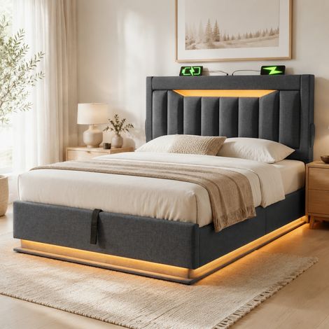 CHICFURN Cama canapé 90x200 cm de lino gris con LED, USB y Type-C, sin colchón (1/5)