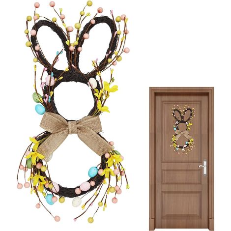 Couronne de Pâques Lapin avec nœud, déco Maison Mignonne,Couronne de Pâques printanière pour déco Porte d'entrée - pour Maison, Ferme, école, extérieur, Jardin, (1/5)