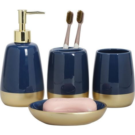 1 - Ensemble accessoires salle de bain - Céramique - Distributeur savon Porte-brosse à dents Gobelet Porte-savon - Décoration intérieure moderne - Bleu marine et Or - 20x15x10cm (1/4)