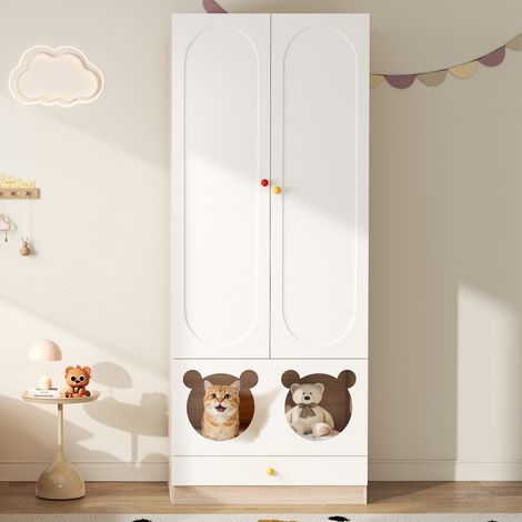 Armoire Enfant avec Niche pour Chat 80x50x200 cm - Garde-Robe Blanche Laquée et Bois, Penderie avec Poignées en Céramique Colorées