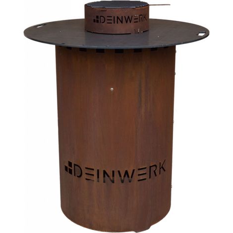 DEINWERK Grillfass-Set Grilltonne aus Corten Ø 90cm mit Plancha, Grillrost und Wok-Aufsatz (1/3)