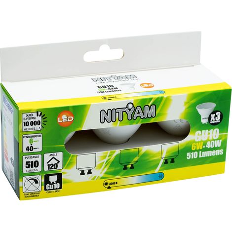 NITYAM Set di 3 lampadine LED da 6 W, 510 lumen, attacco GU10, colore luce: bianco caldo 3000 K, angolo di illuminazione 120°