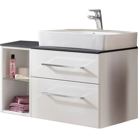 Fackelmann OXFORD Badmöbel Set 5 Teile / Waschbecken / Waschtischunterschrank mit 2 Schubladen und Soft-Close / Badregal / Waschtischplatte schwarz / Armatur / Korpus & Front: Weiß / Breite ca. 90 cm" (1/5)