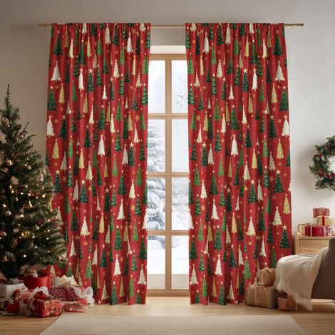 Rideau Voilage De Noël - Imprimé Arbre De Noël Étoile - 132 cm L x 160 cm H - Lot De 2 Panneaux (1/5)