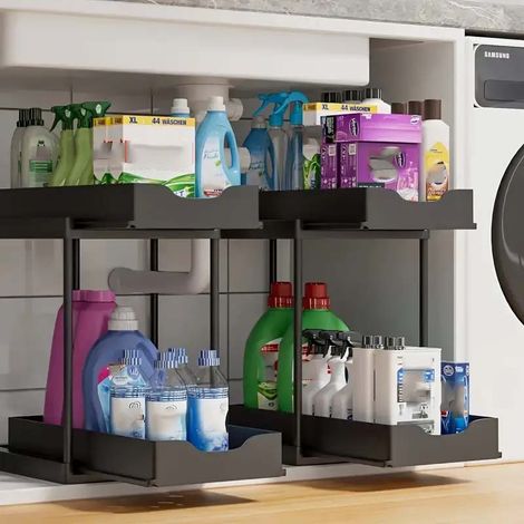 Lot de 2 boîtes de rangement sous évier 2 niveaux, tiroirs noirs métal plastique antidérapants, parfait ustensiles épices salle de bain cuisine (1/5)
