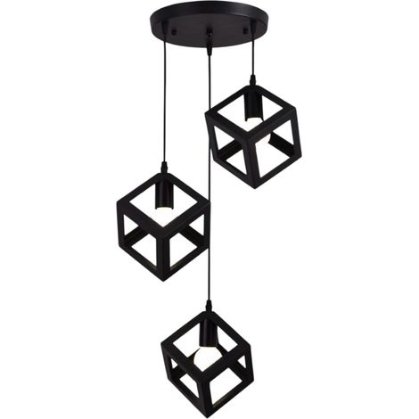 Lampadario Moderno a Sospensione Nero 3 Cubi Geometrici Design Minimal Attacco E27 Lampada Soffitto Regolabile per Cucina Soggiorno Sala da Pranzo