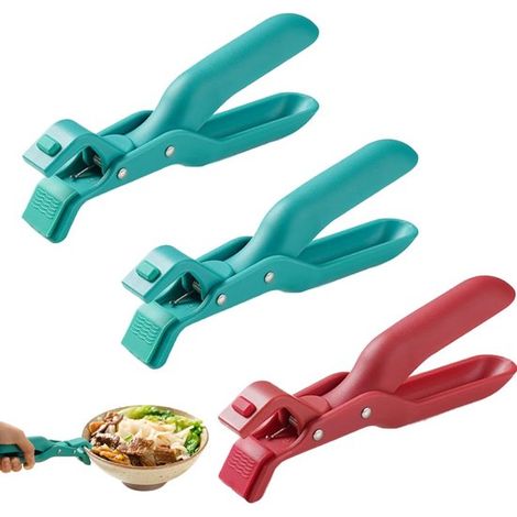 Juego de 3 pinzas de cocina multiusos de silicona, con sistema anti-quemaduras y pinzas para platos calientes (rojas y verdes, 19 x 4 cm).