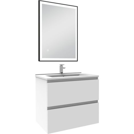Acezanble Meuble Salle de Bain 60cm Blanc simple vasque et miroir lumineux 3 couleurs et dimmable