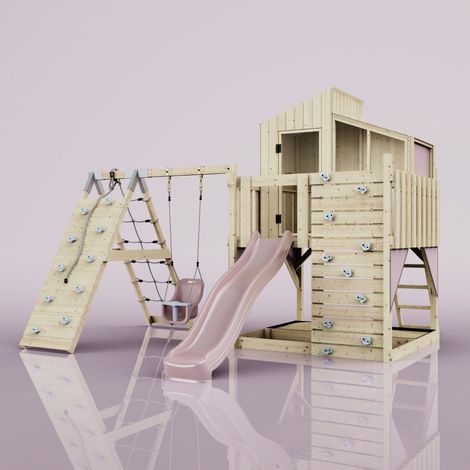 Polarplay – Aire de jeux avec balançoire bébé – Dimensions 414 x 399 cm – Hauteur réglable – Mur d'escalade et toboggan 220 cm – Pour usage privé - ROSA 414 X