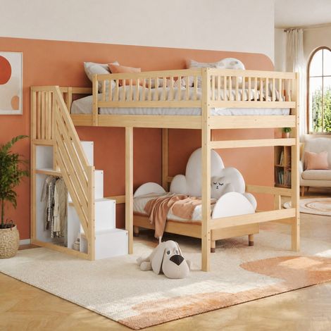 Cama alta 140x200 cm de madera, color natural, escalera con almacenaje, sin colchón – MEUBLIV (1/5)