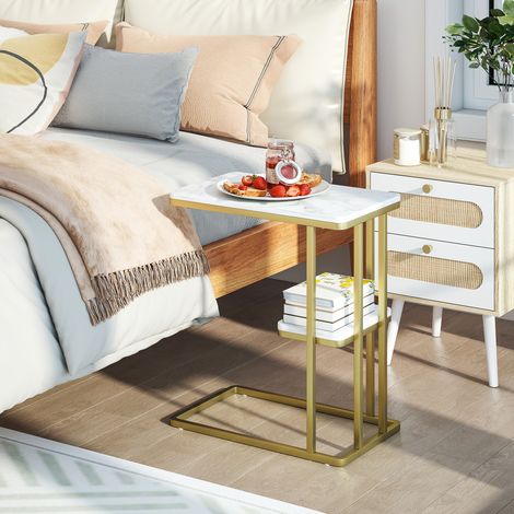 Mesa Auxiliar Estructura en C Estrecha con Estante Mesita de Noche Moderna 50x30x57,5 cm Blanco Efecto Mármol (1/5)