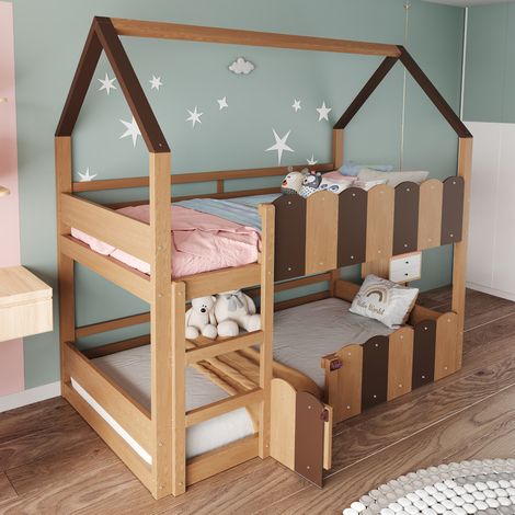 Lit superposé enfant 90x200 cm - Design en forme de maison - Avec barrières de sécurité - Naturel (matelas non inclus) (1/5)