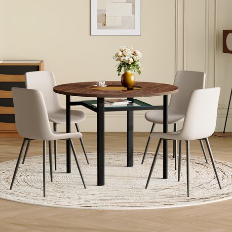 DESMIU Table de salle à manger ronde 4 personnes avec 4 chaises et étagère en verre, pour salle à manger, marron et noir (1/5)