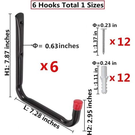 Ganchos de almacenamiento de pared de alta resistencia – Juego de 6, 17 cm, para manguera de jardín, bicicleta y silla plegable – Acero galvanizado