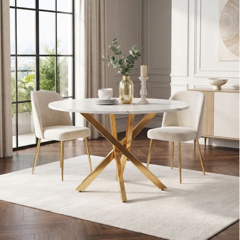 Tavolo rotondo 80 x 80 x 75 cm in effetto marmo con gambe dorate, design moderno e stabile (1/5)