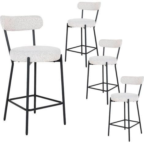 LOANA - Lot de 4 Chaises Hautes Tissu Bouclé Blanc Chiné Dossier et Pieds Métal Noir (1/5)