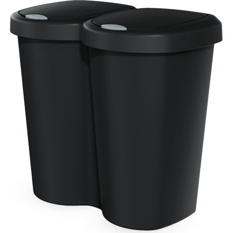 Duo Mülleimer 40 Liter schwarz mit Push Deckel - 2x 20 L - Kunststoff Doppel Abfalleimer mit Klappverschluss