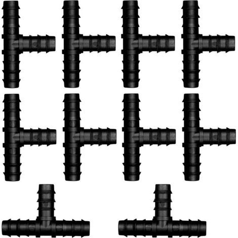Packung mit 10 schwarzen 16-mm-Tropfbewässerungs-T-Stücken. Tropfbewässerungs-T-Stück für schwarze 16-mm-Bewässerungsschläuche. (1/5)