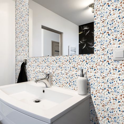 Lot de 24 stickers carrelages terrazzo 10x10cm – Adhésif mural pour cuisine et salle de bain – Décoration originale facile à poser - 24stickers10x10cm (1/5)